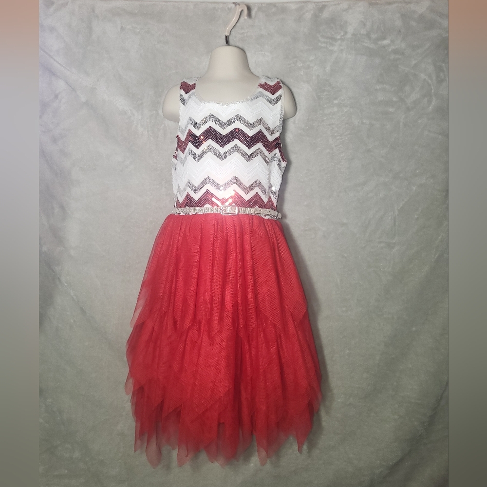 Beautees Red and White Sequin Chevron Party Dress With White Jacket. Girl's 8.